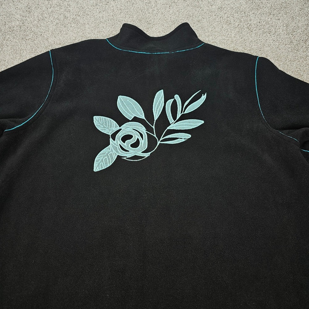 Susan Graver Style Black Fleece Jacket Floral Embroidery Teal Trim Zip Women 2X‎ - Picture 2 of 7